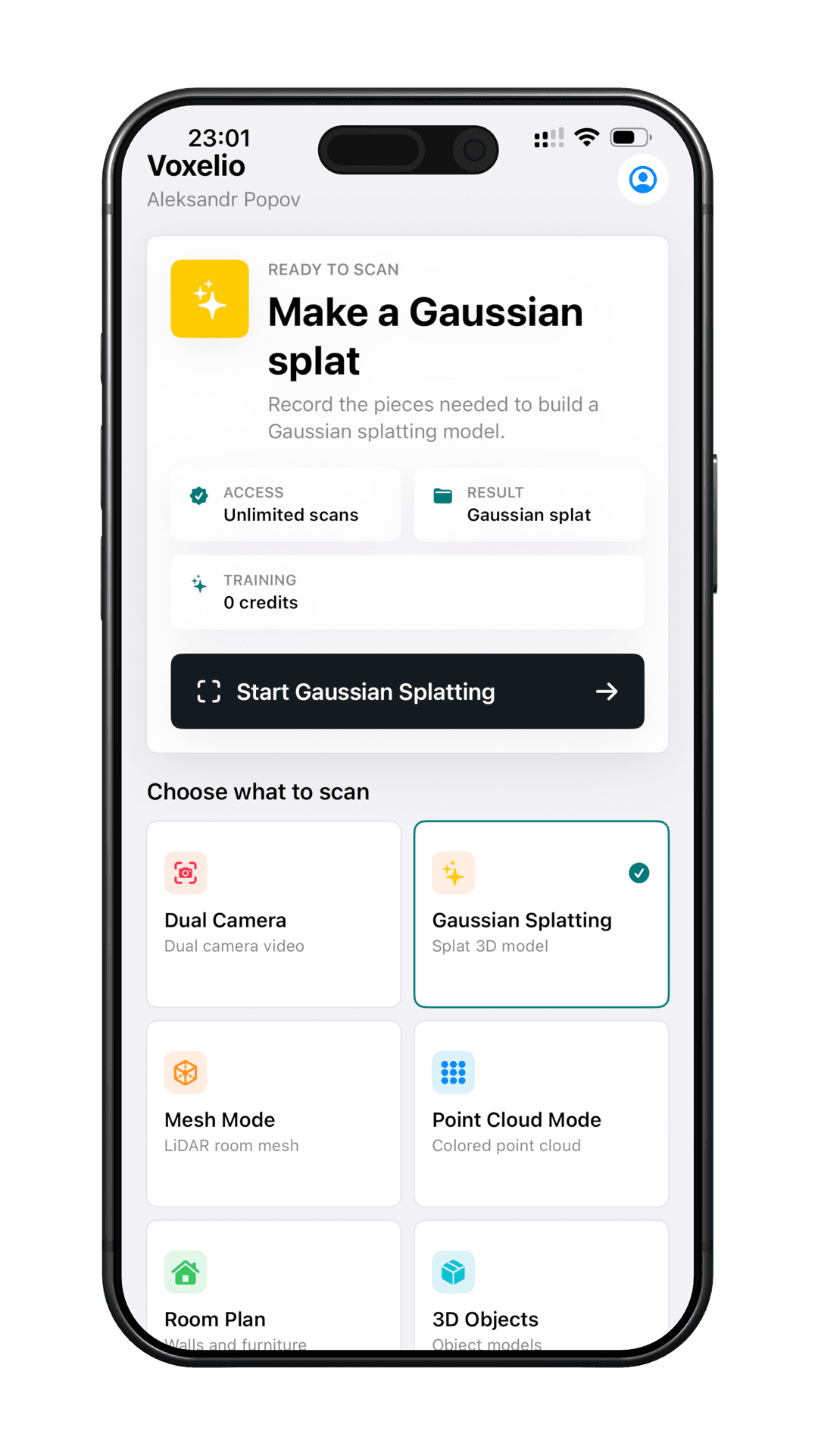Voxelio Gaussian Splat mode screen
