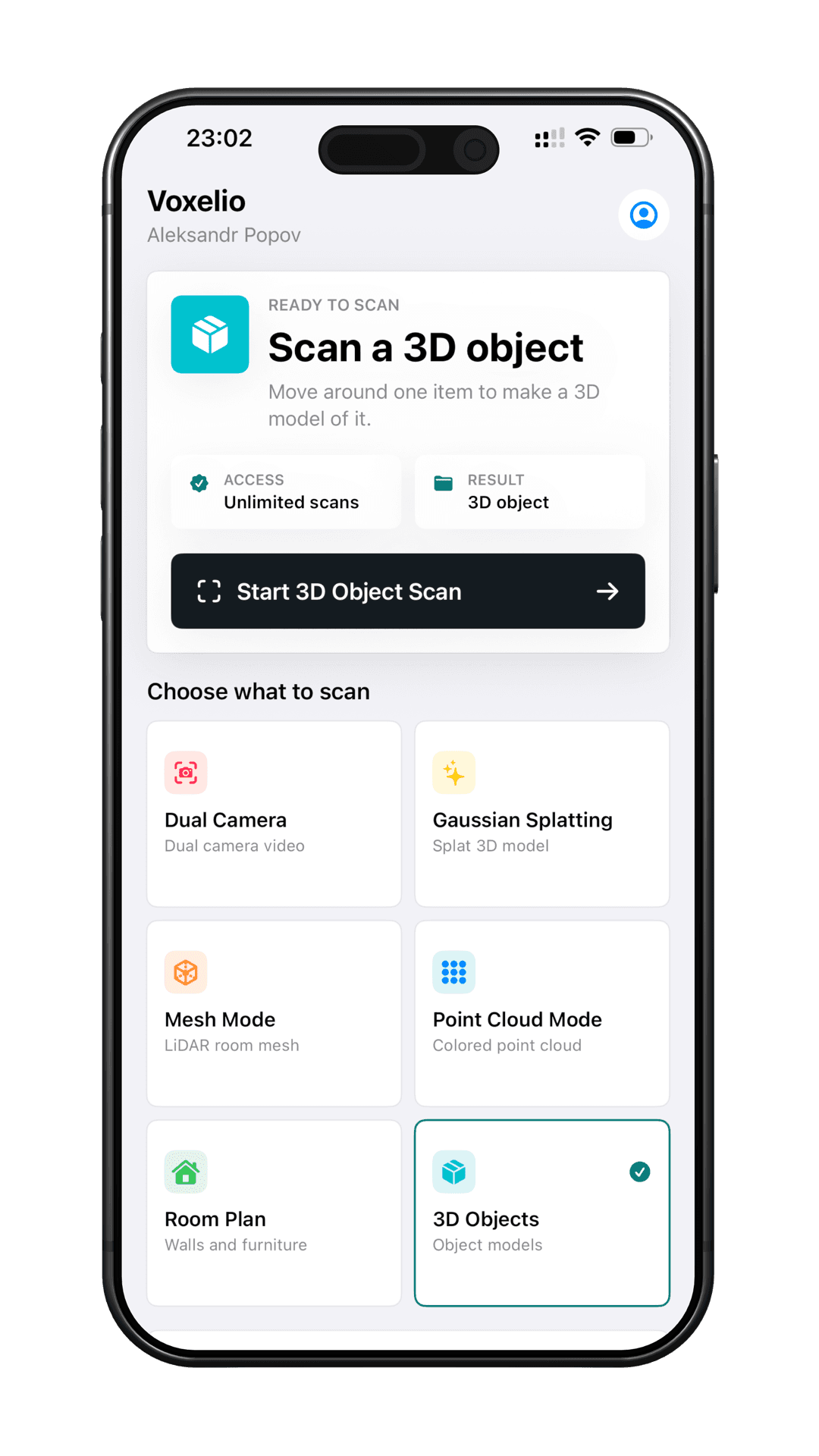 Voxelio Object Scan screen