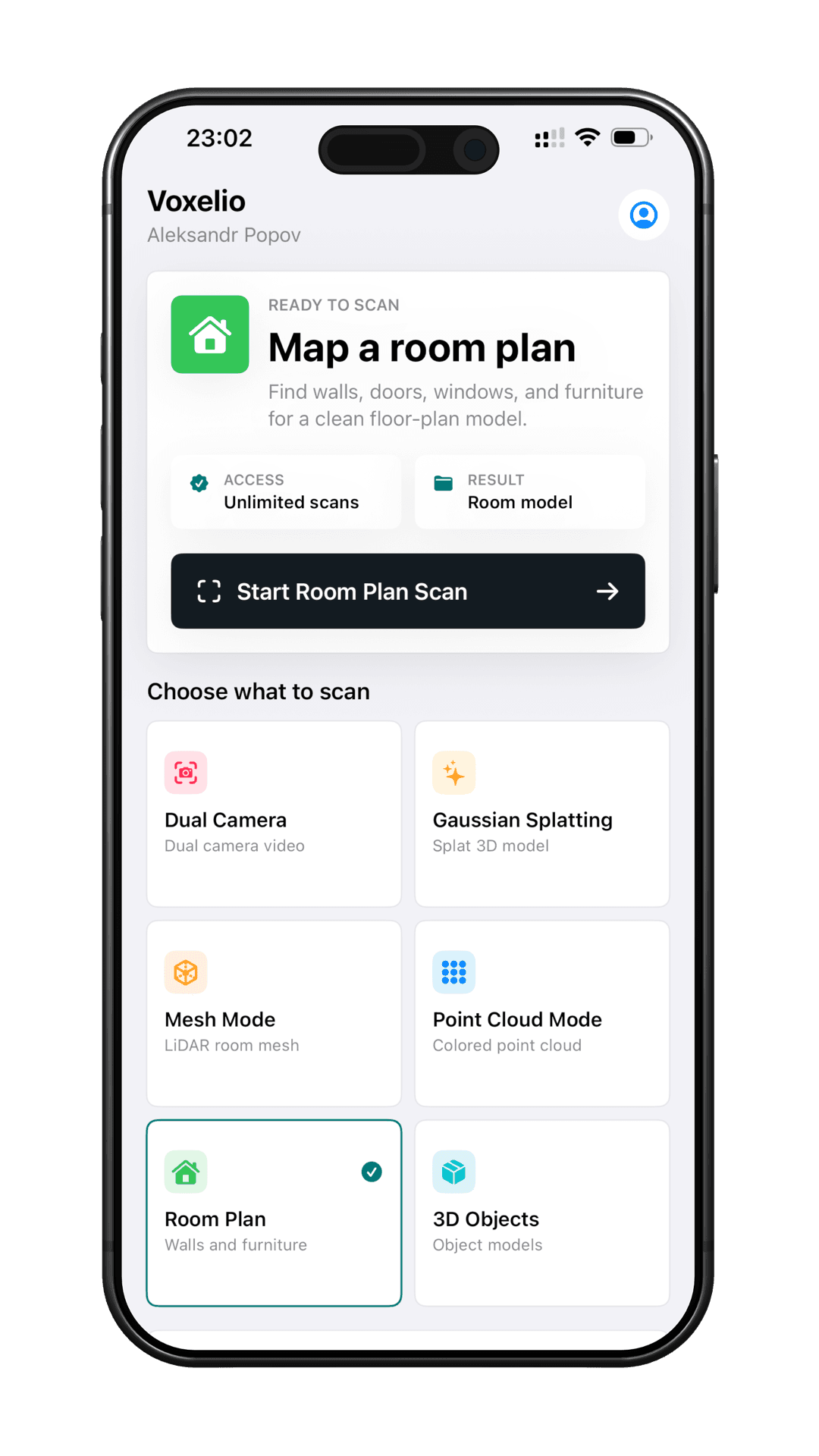 Voxelio Room Scan mode screen
