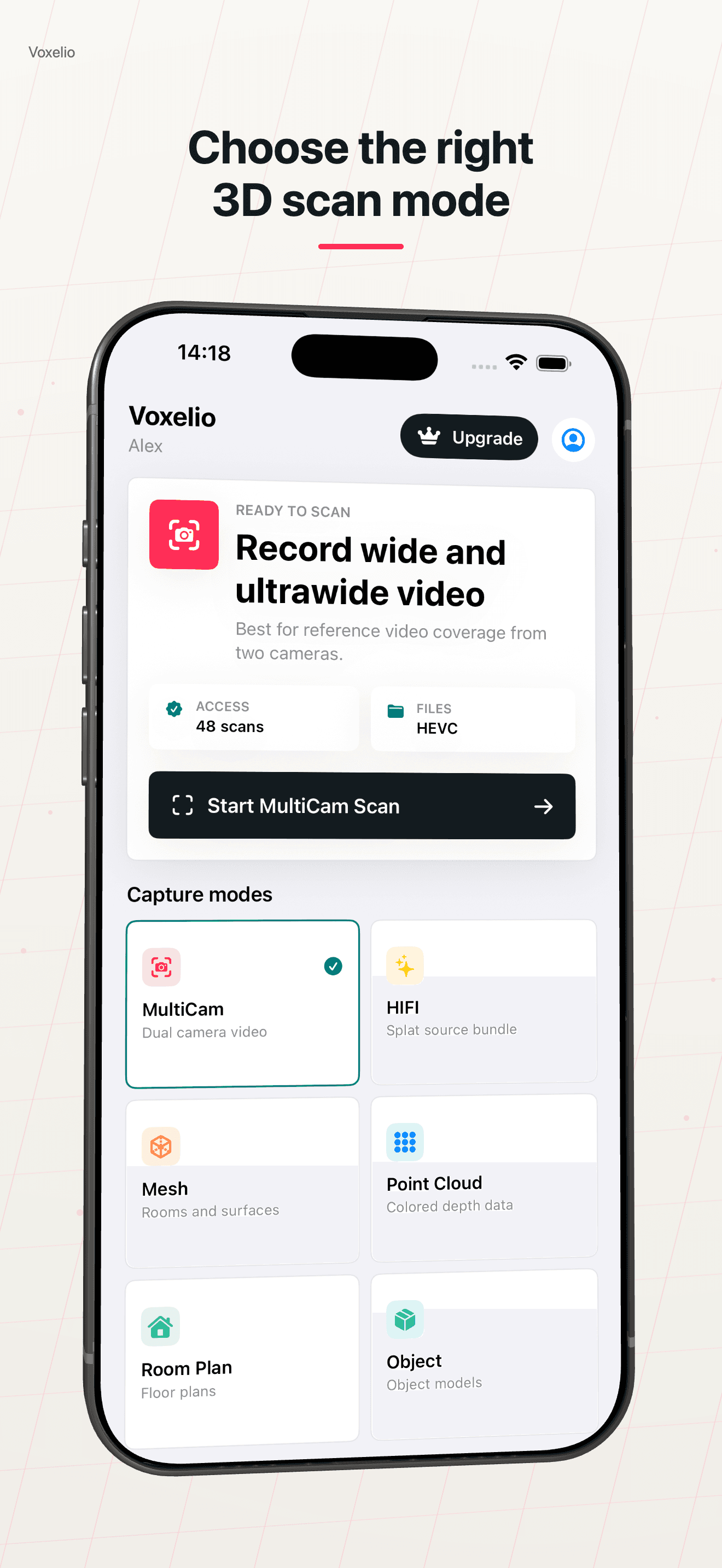 Voxelio mode selection screen showing capture workflows